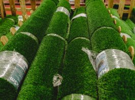 Valencia, Spain - January 3, 2019: Rolls of fake plastic grass t